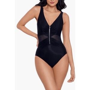 Miraclesuit Vive Underwire Zipper Front Ruched One Piece Swimsuit Black US 10
